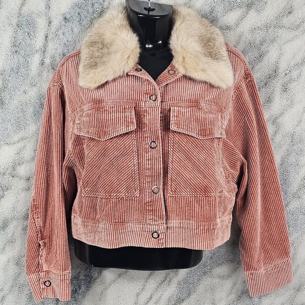 Honey Punch XS Corduroy Jacket Oversized Fit Faux Fur Removable Collar NWT $120
